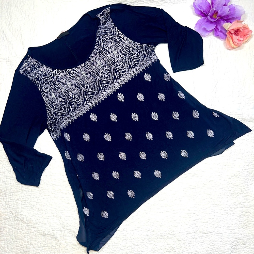 Women's Blue Bandana 3/4 Sleeve Lightweight Bling Tunic Top; L